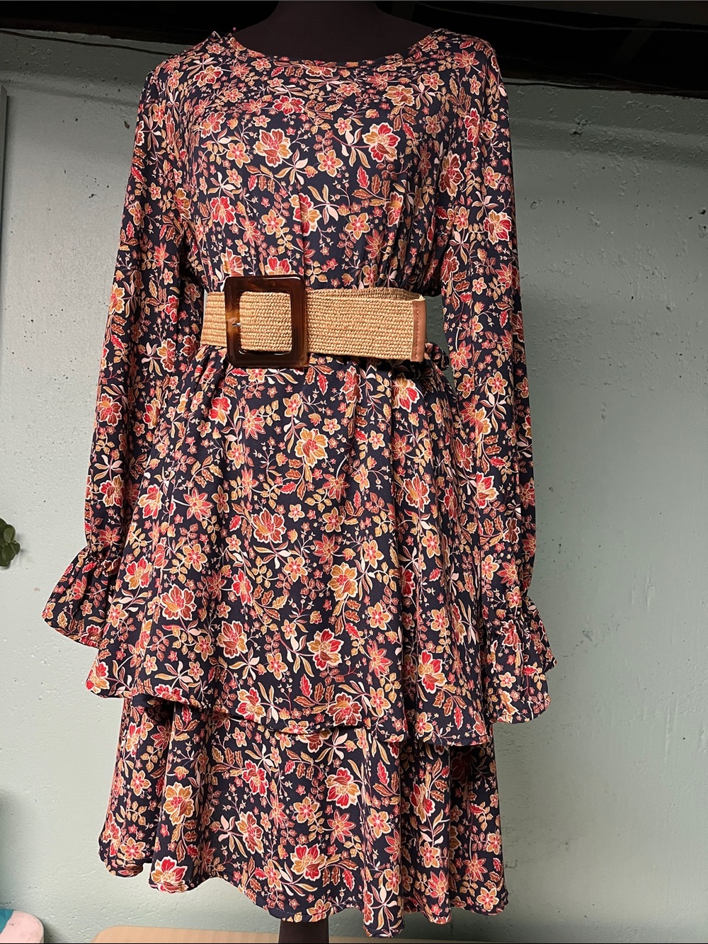 Floral Tiered Long-Sleeve Dress in Navy and Rusty color (belt not included)